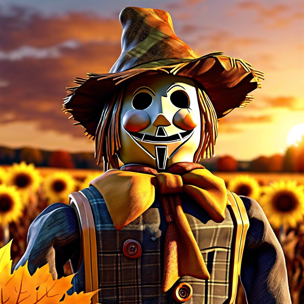 a close up of a scarecrow with a sunset background