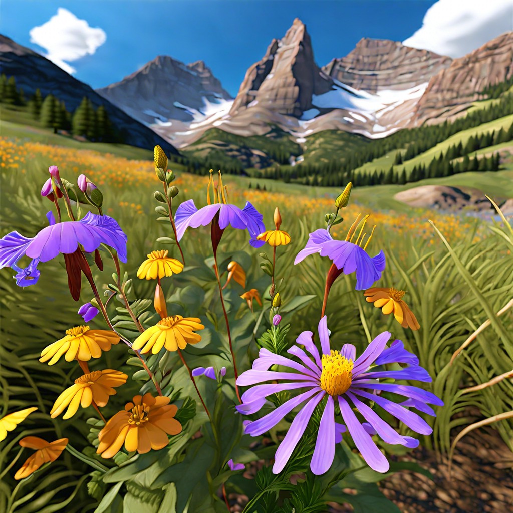 a close up of wildflowers with a mountain backdrop