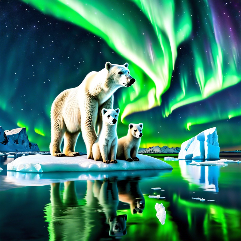 a collection of arctic animals on an iceberg under the northern lights