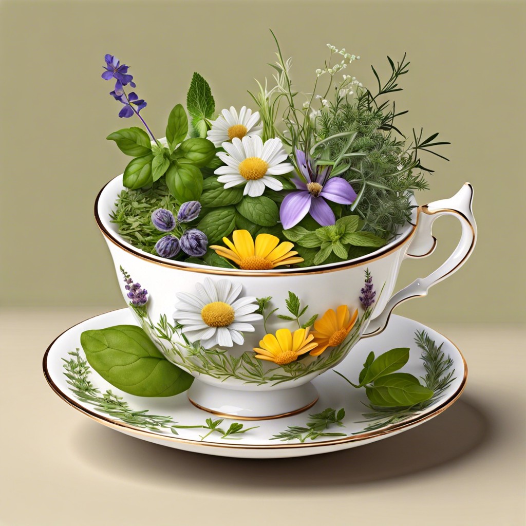 a collection of different teacups with herbs