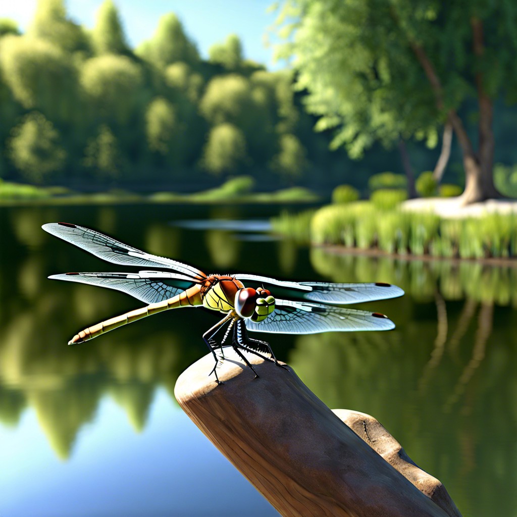 a dragonfly with translucent wings over a pond reflecting the sky