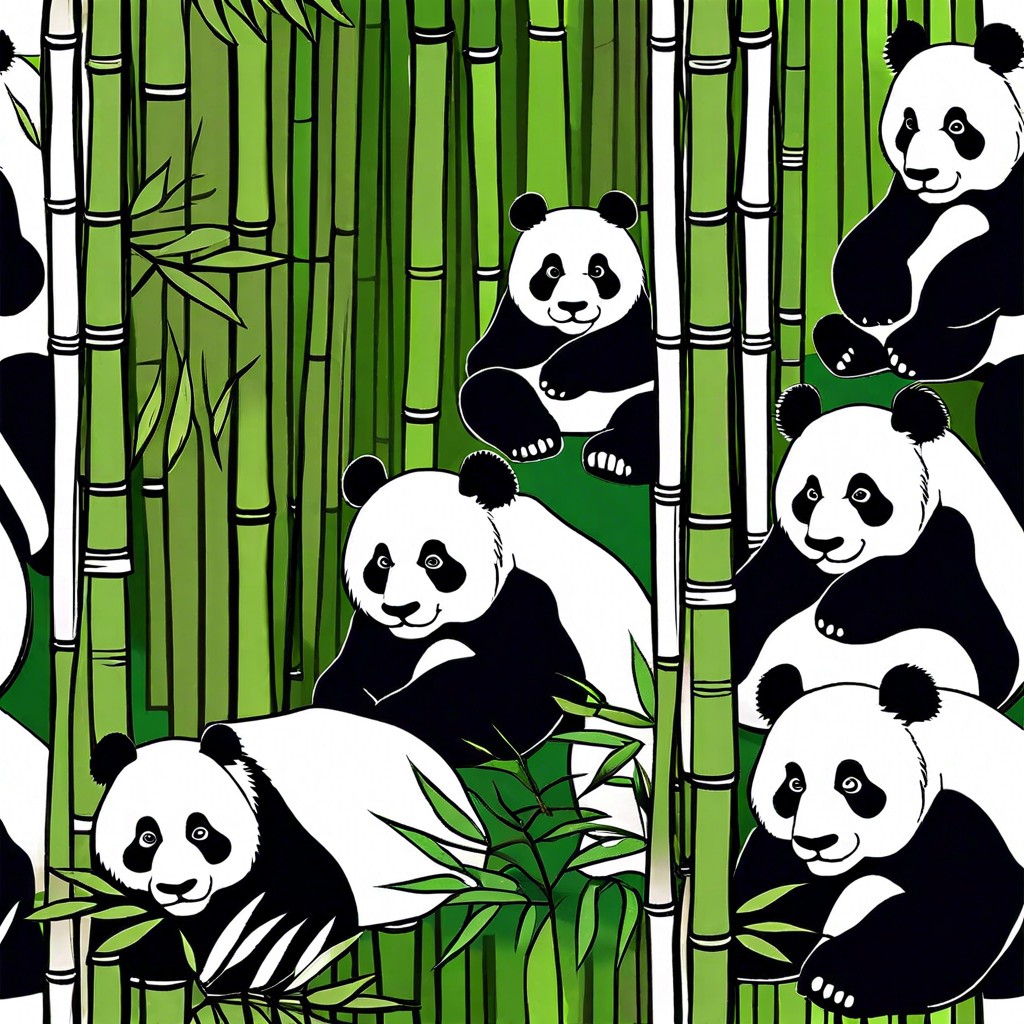 a family of pandas in a bamboo forest with each stalk a different shade of green