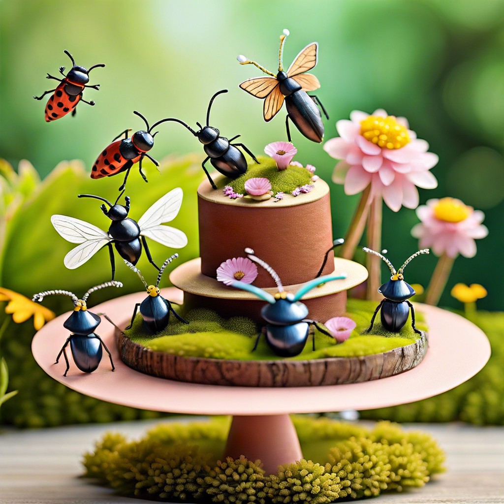 a garden party with insects wearing tiny party hats