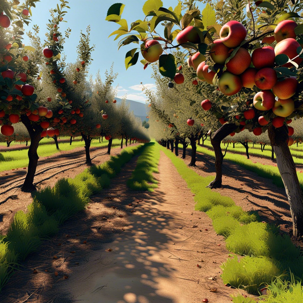 a misty morning in an apple orchard