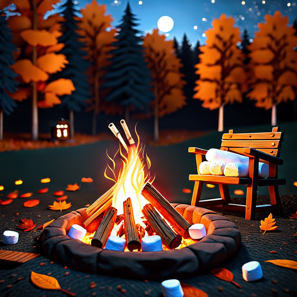 a night scene with a bonfire and marshmallow roasting