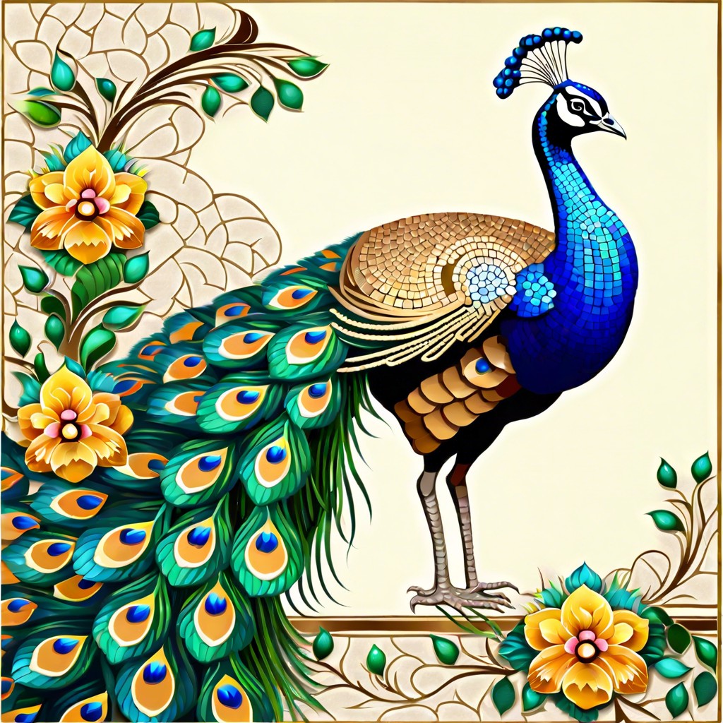 a peacock with feathers transforming into a floral mosaic