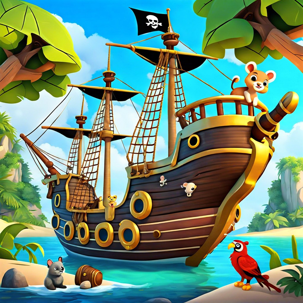 a pirate ship crewed by cartoon animals