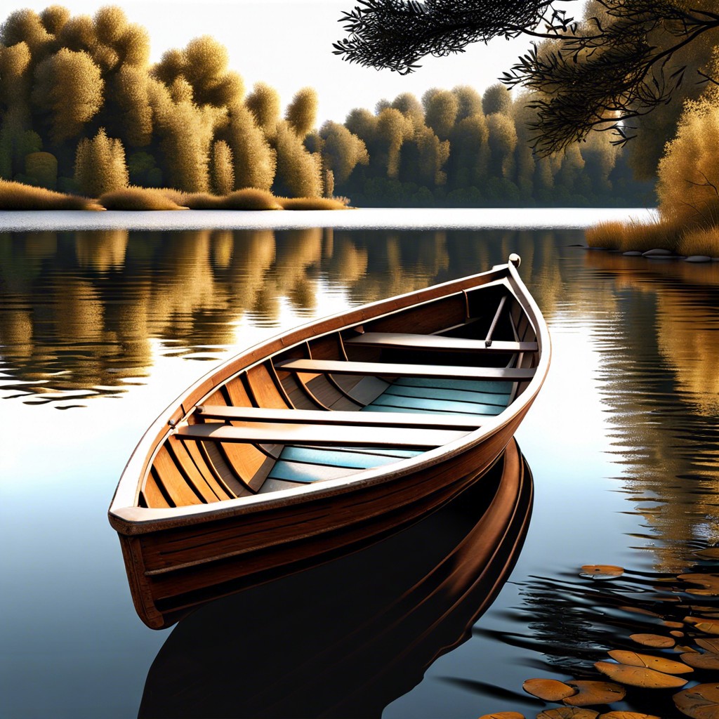 a rowboat on a calm river surrounded by autumn trees