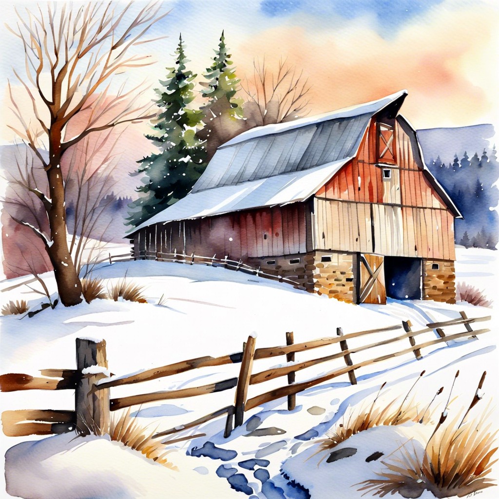 a rustic barn in a snowy landscape