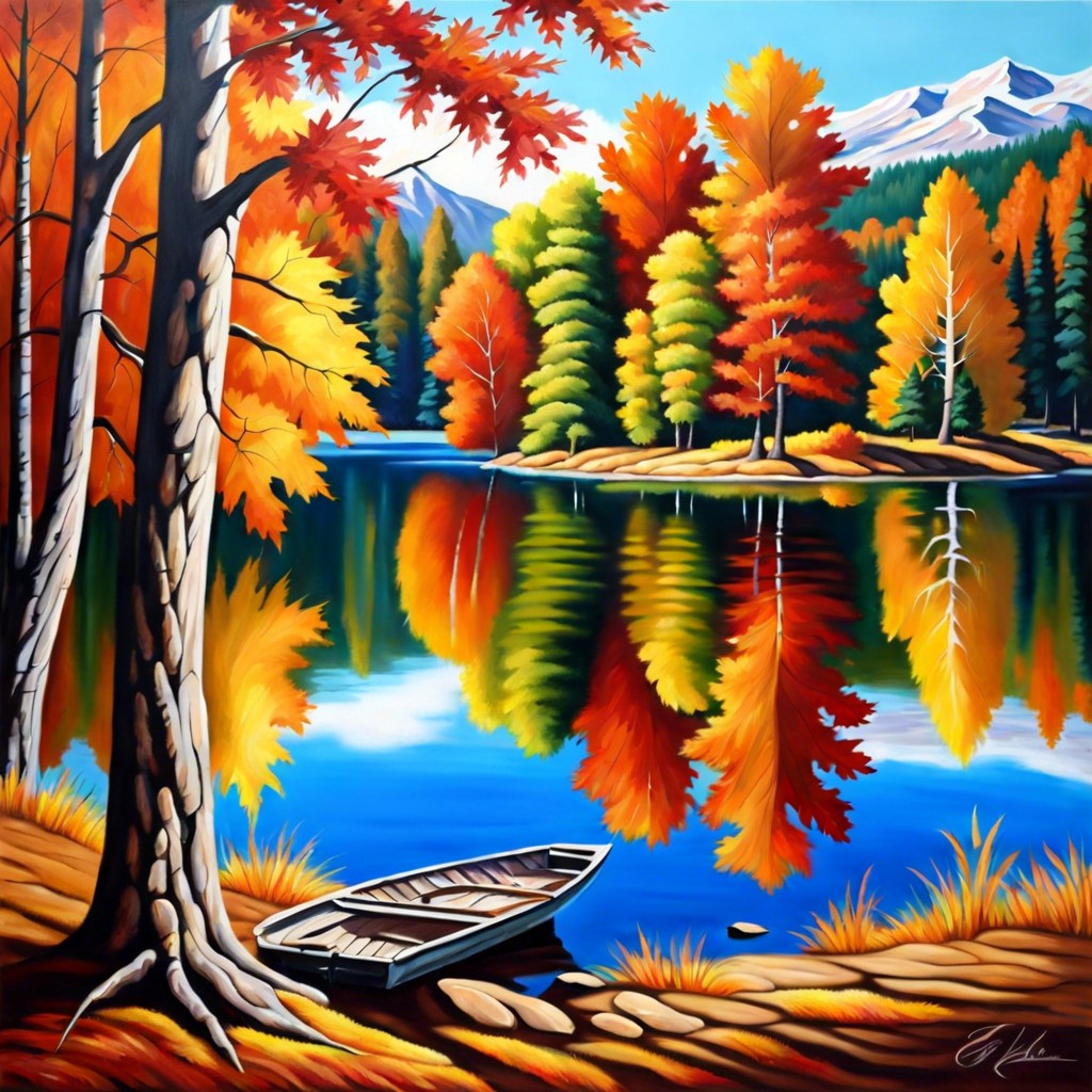 a serene lake reflecting autumn foliage