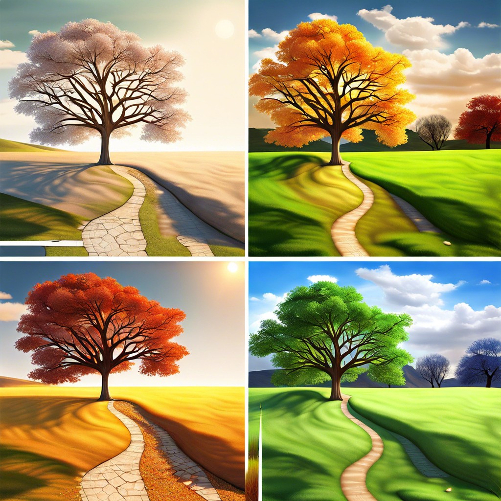 a solitary tree in four seasons