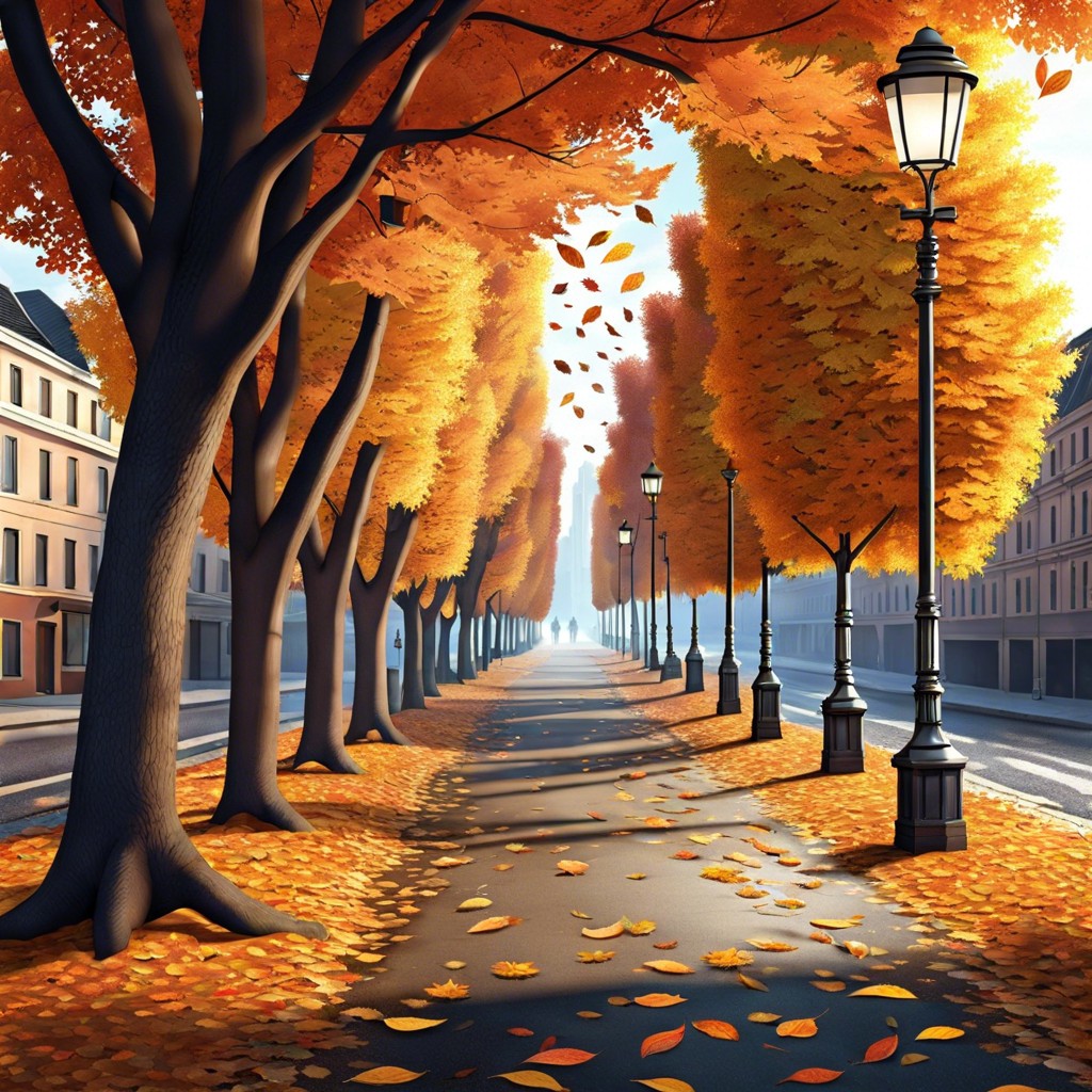 a street lined with trees shedding golden leaves