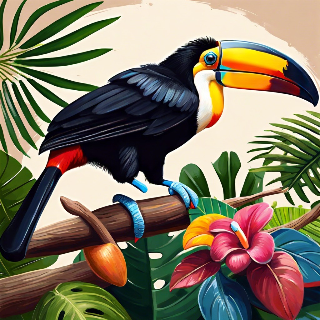 a toucan with its beak as a paintbrush painting its own colorful surroundings