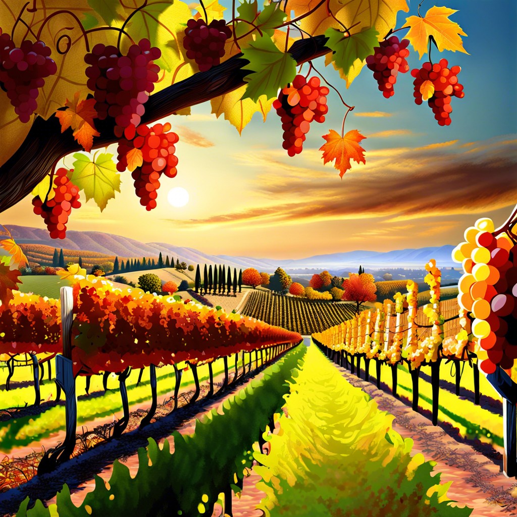 a vineyard with rows of grapevines in autumn colors