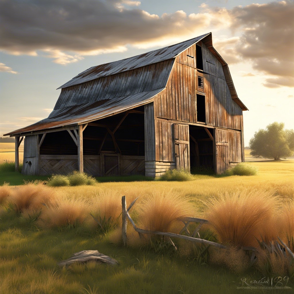 a weathered barn in a field