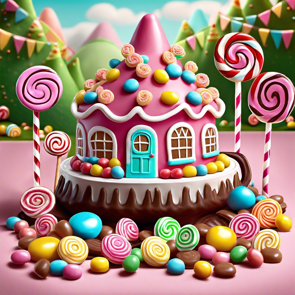 a whimsical candy land with dancing sweets