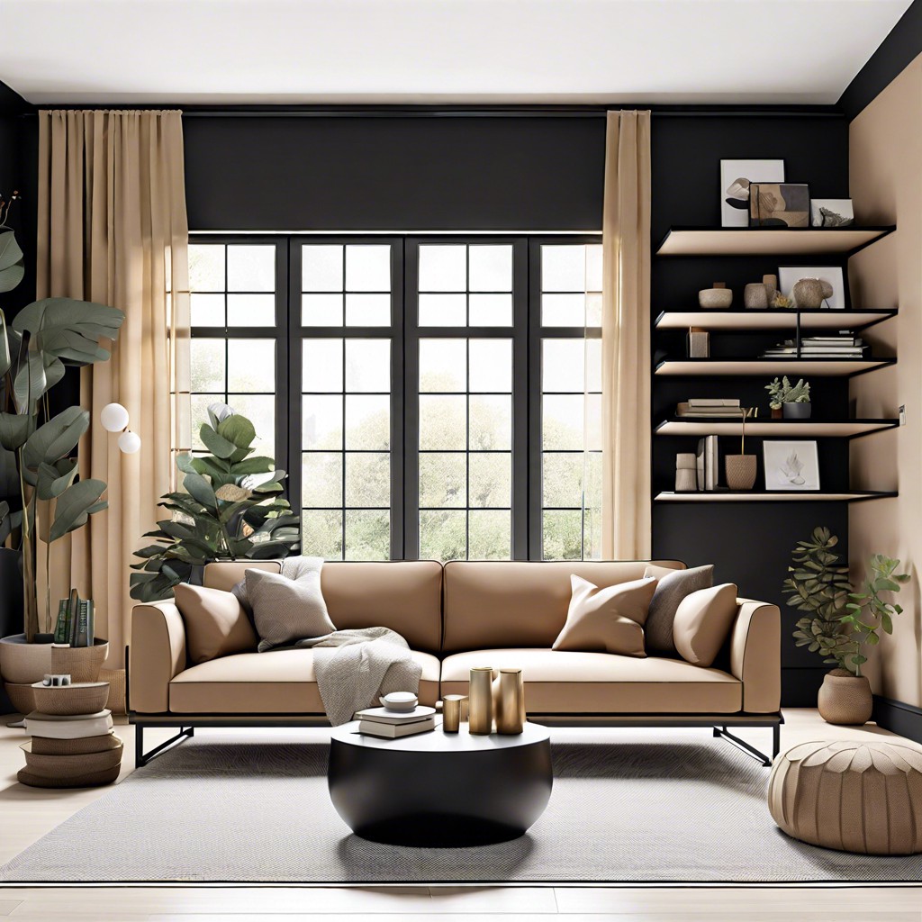 accompany with black minimalist shelving units filled with neutral toned books and decor