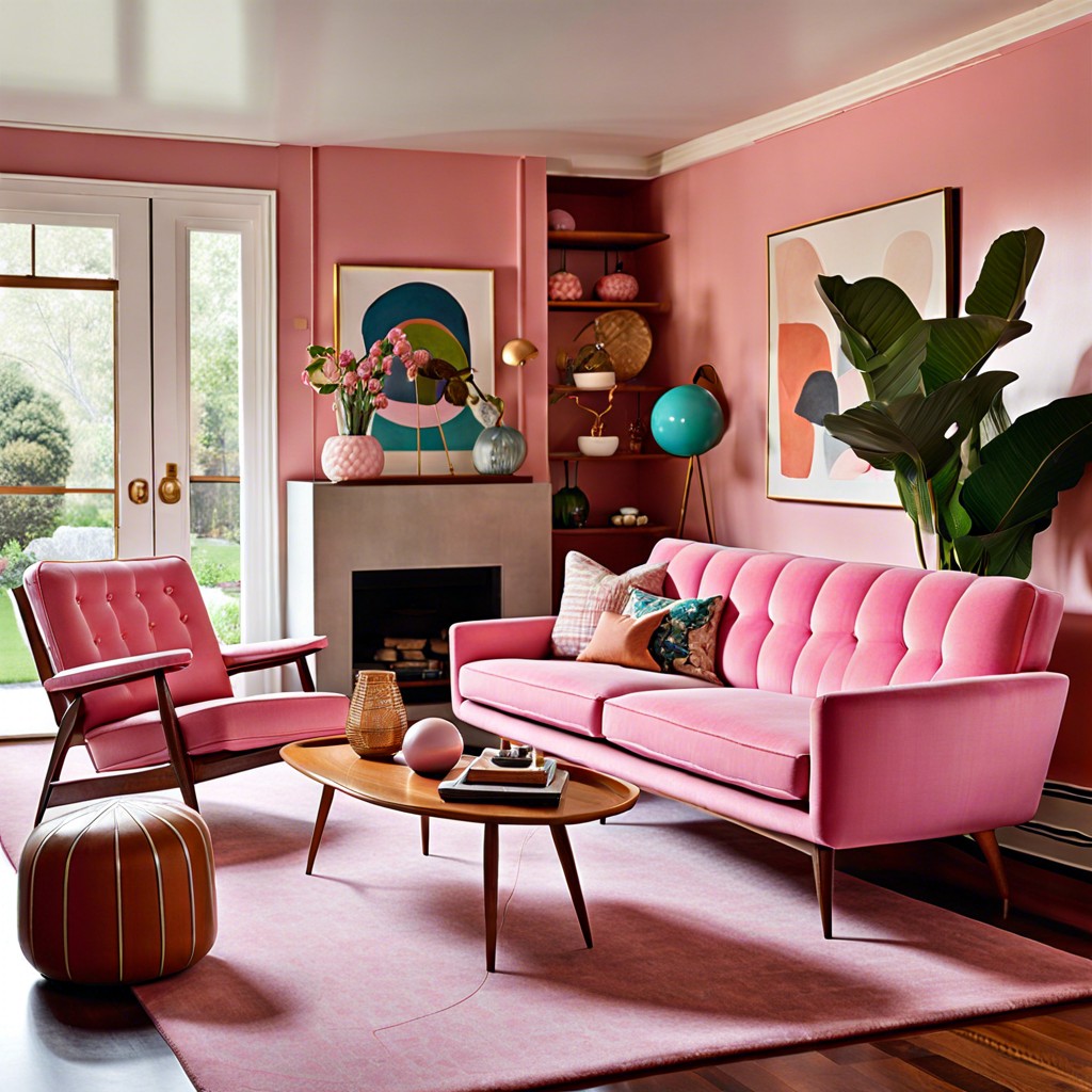 achieve a retro feel with a bubblegum pink sofa and mid century modern furnishings