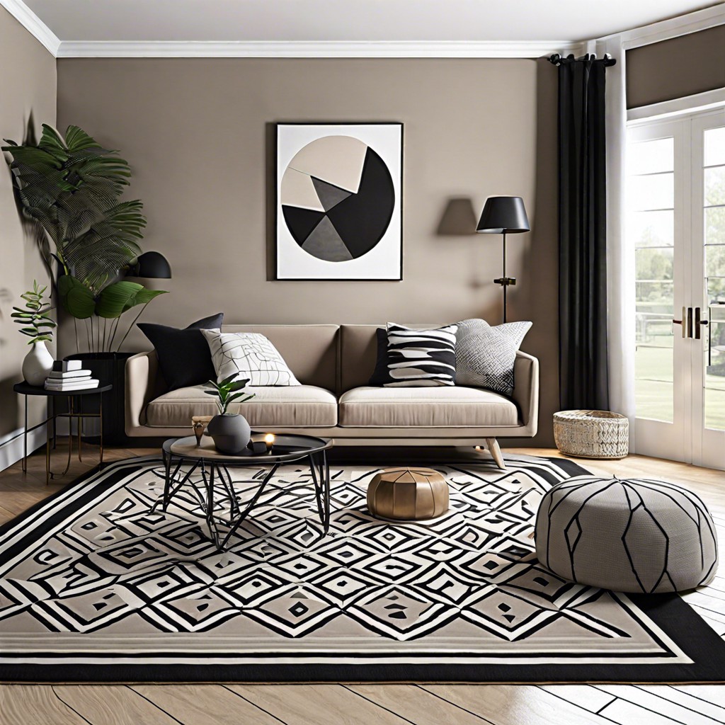 add a geometric patterned rug in black and white to contrast the taupe