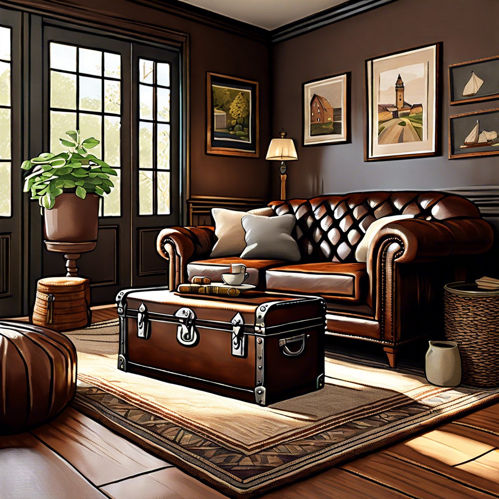 add an antique trunk as a coffee table for vintage charm