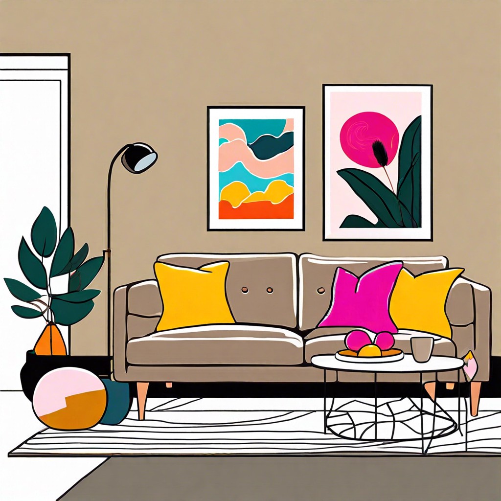 add bright throw pillows and vibrant art for a pop of color