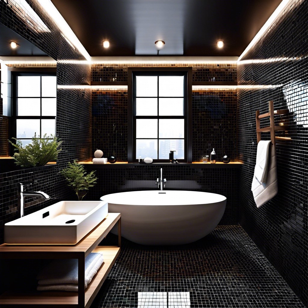 all black mosaic tile bathroom with dim ambient lighting