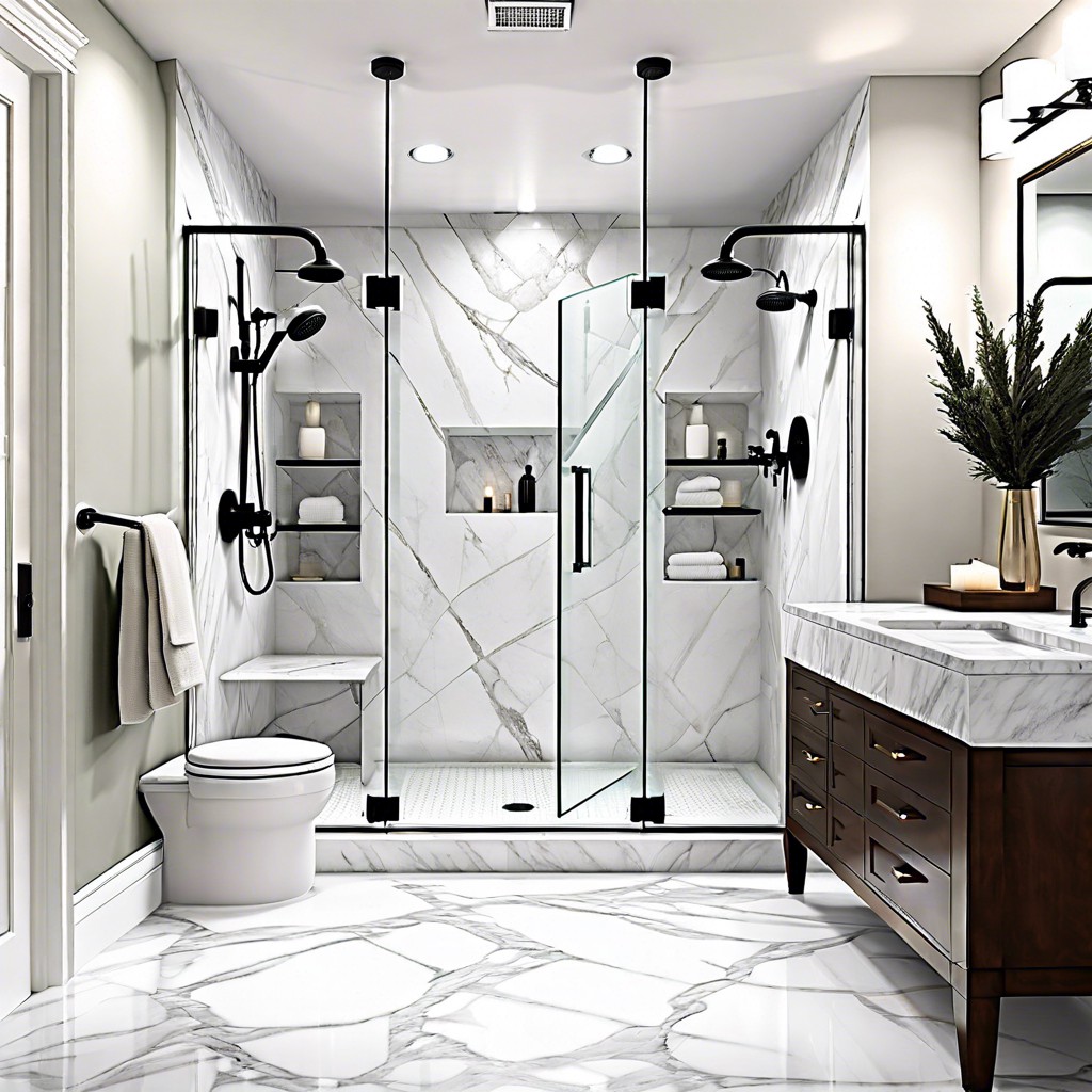 all white carrara marble shower with seamless glass doors