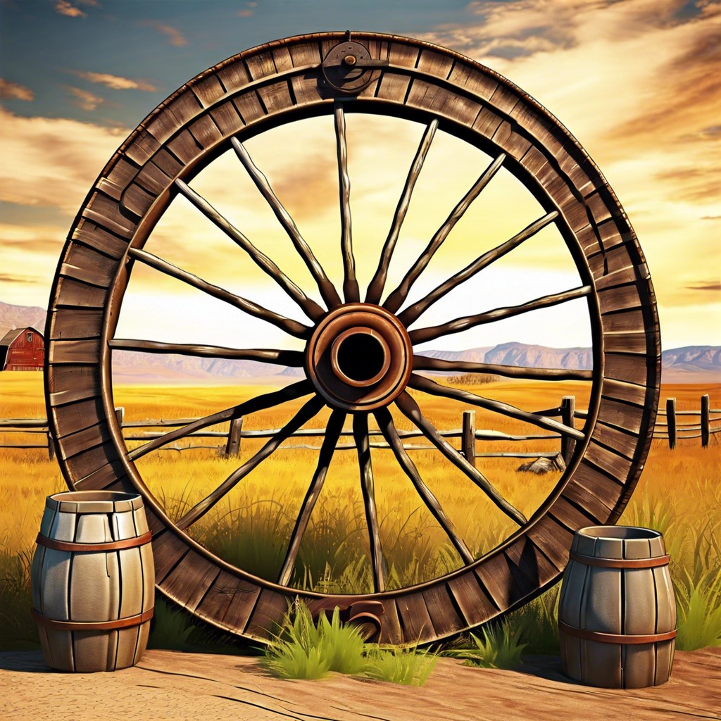 an antique wagon wheel leaning against a fence