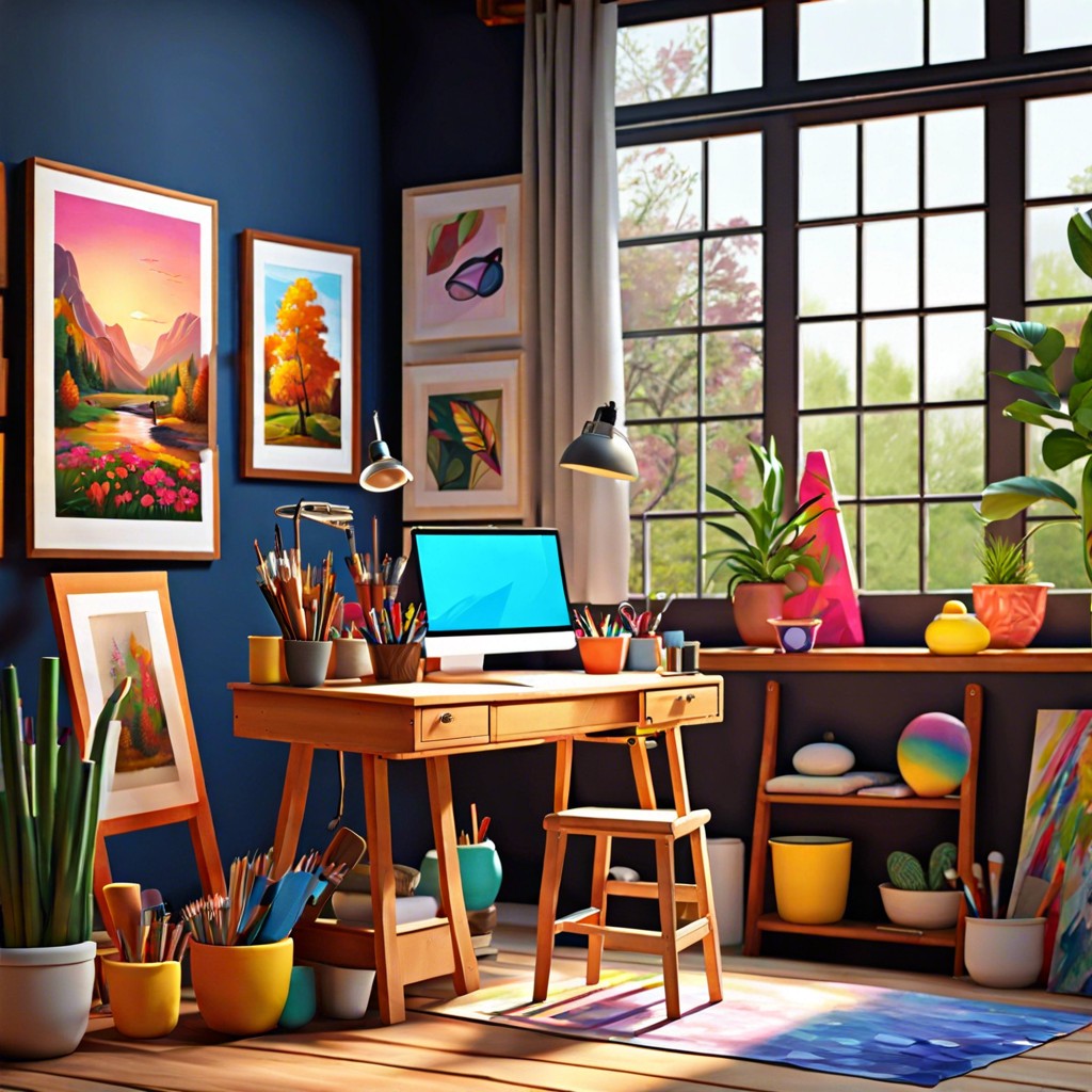 an artists studio with animated paintbrushes and colors