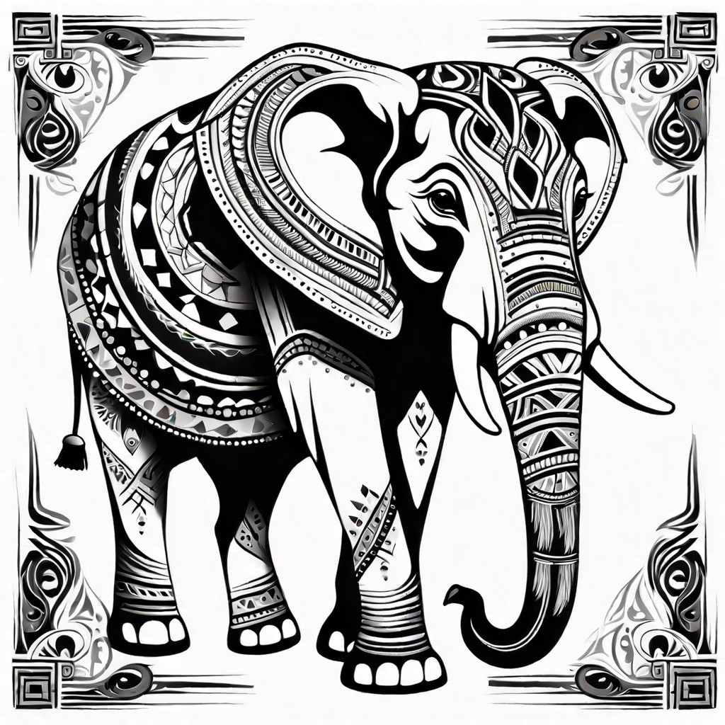 an elephant painted with tribal patterns and vivid colors