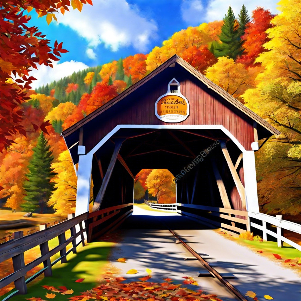 an old covered bridge amidst peak fall foliage