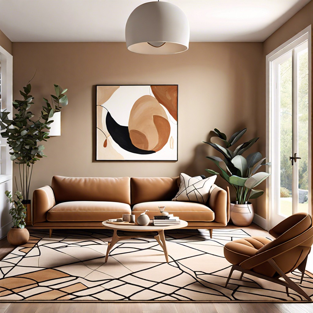 anchor the space with a large abstract area rug incorporating hints of tan