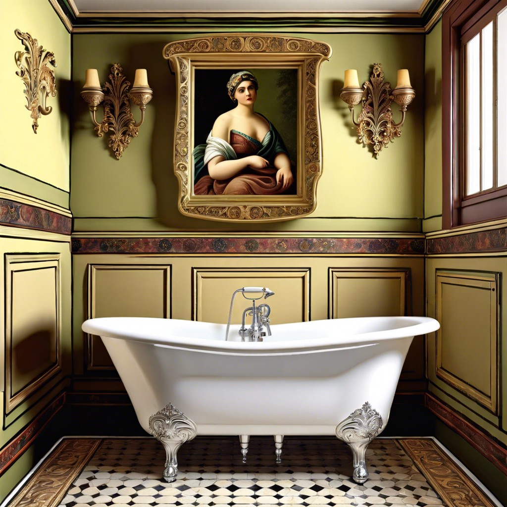 antique elegance featuring a vintage painted tub within an ornate tiled shower with brass fittings