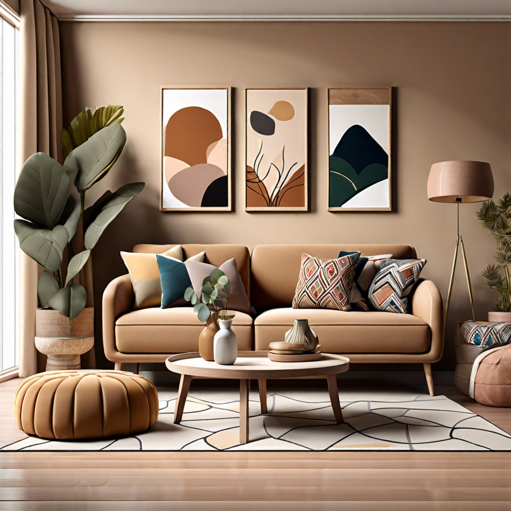 arrange a mix of patterned and solid colored cushions in subdued tones