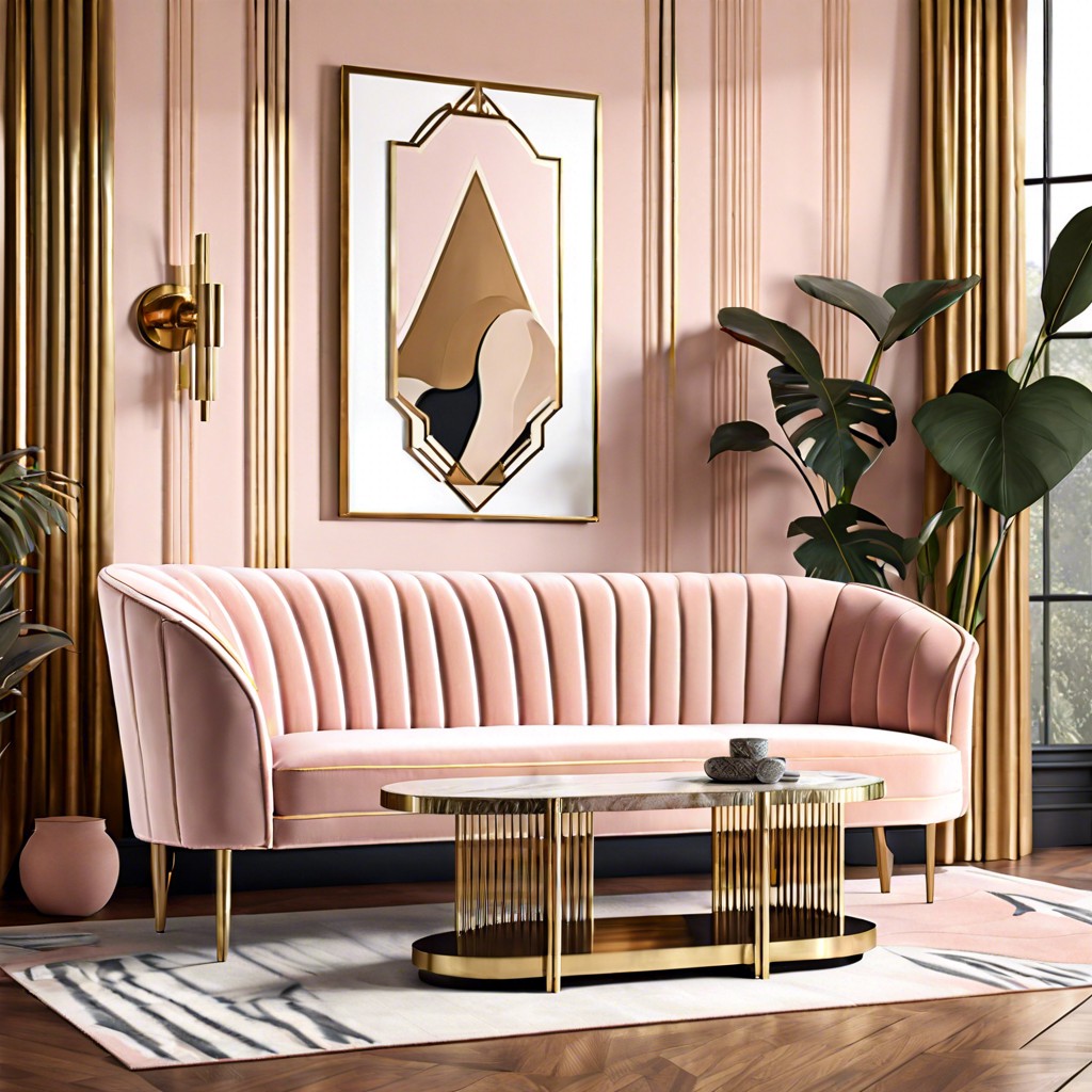 art deco blush pink couch with brass legs