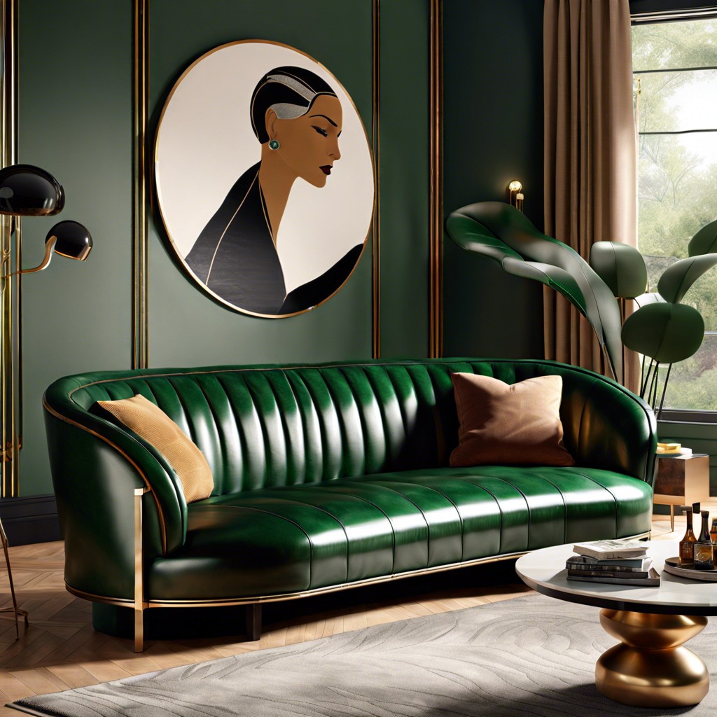art deco dark green leather sofa with curved silhouette