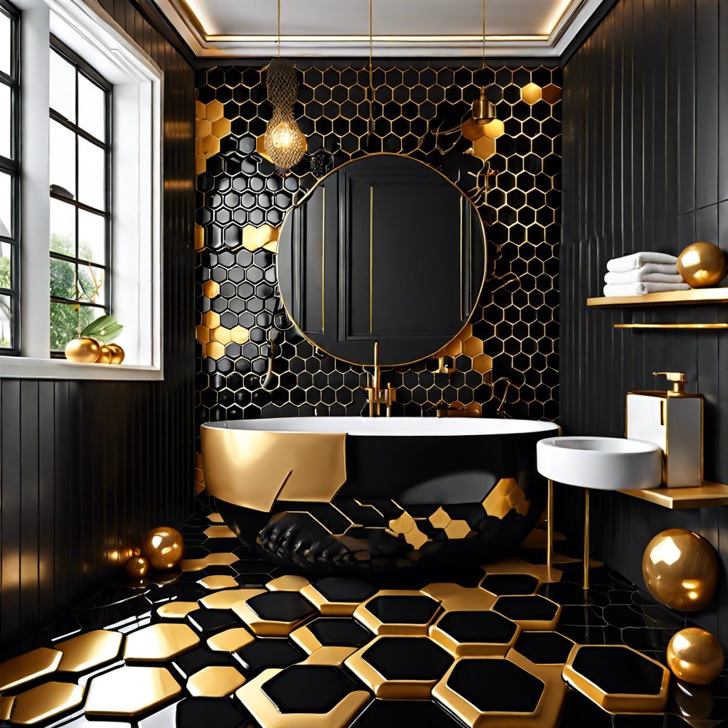 art deco elegance black and gold hexagon tiles in a honeycomb pattern