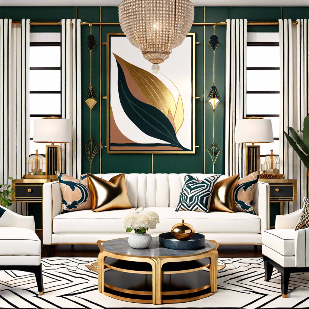 art deco elegance with a streamlined white couch bold patterns and shiny metallics