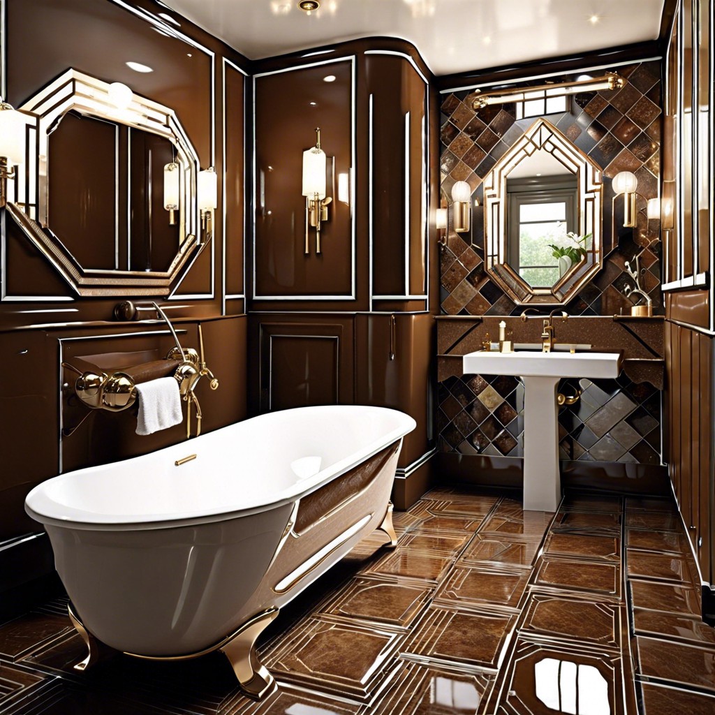 art deco glam combine glossy brown tiles with geometric shapes and mirrors for 1920s glamour