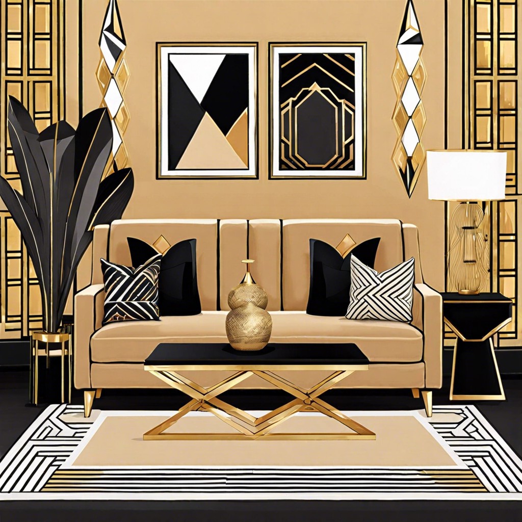 art deco glam team the couch with bold geometric patterns gold accents and sleek black surfaces