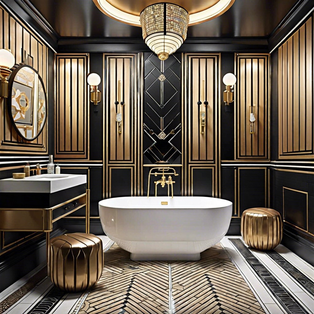 art deco inspired wallpaper and tile combo