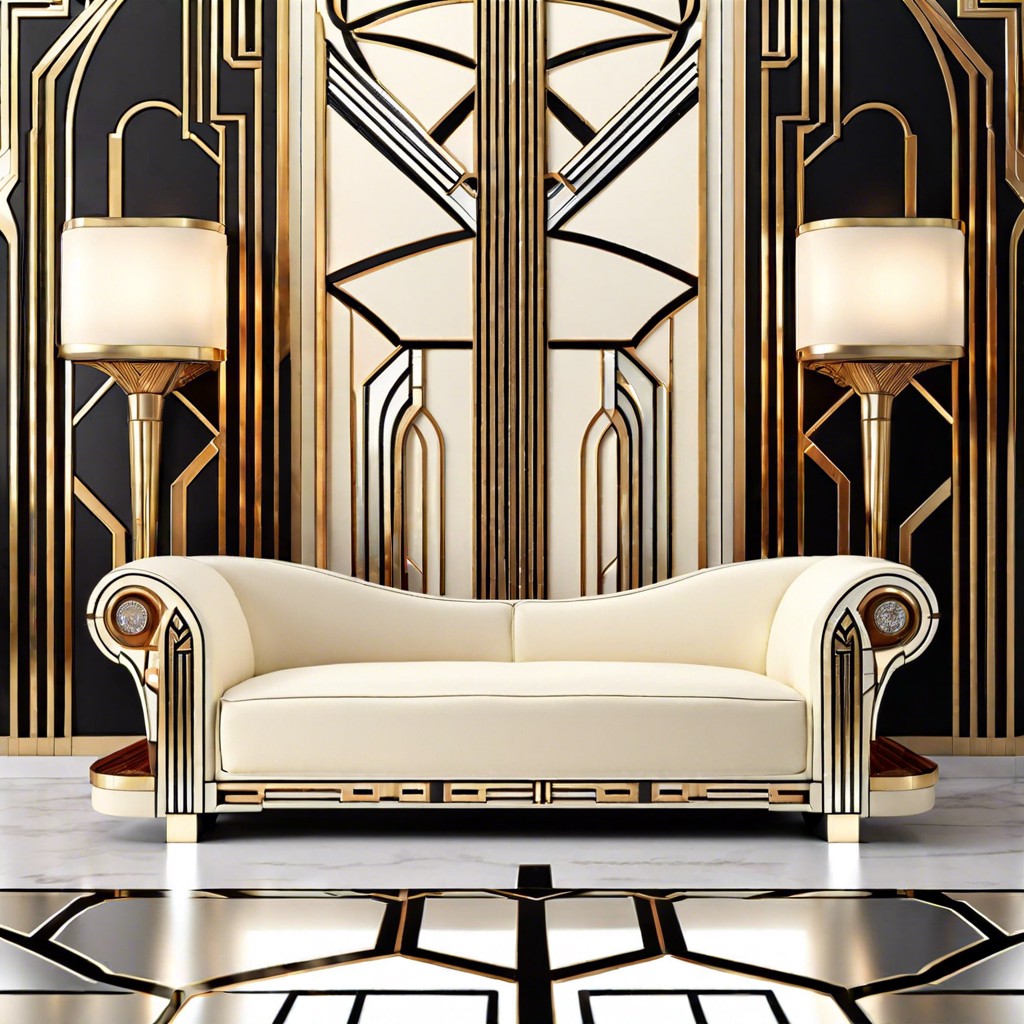 art deco inspired with geometric patterns and mirrored surfaces
