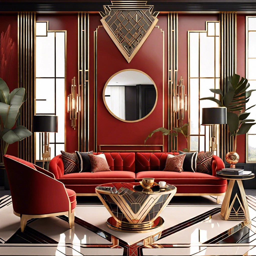 art deco opulence match the red couch with geometric patterns metallic finishes and mirrored surfaces