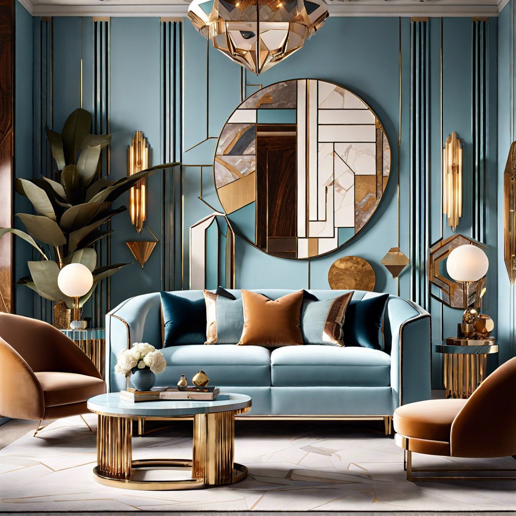art deco vibes pair a light blue couch with bold geometric shapes velvet textures and chrome details