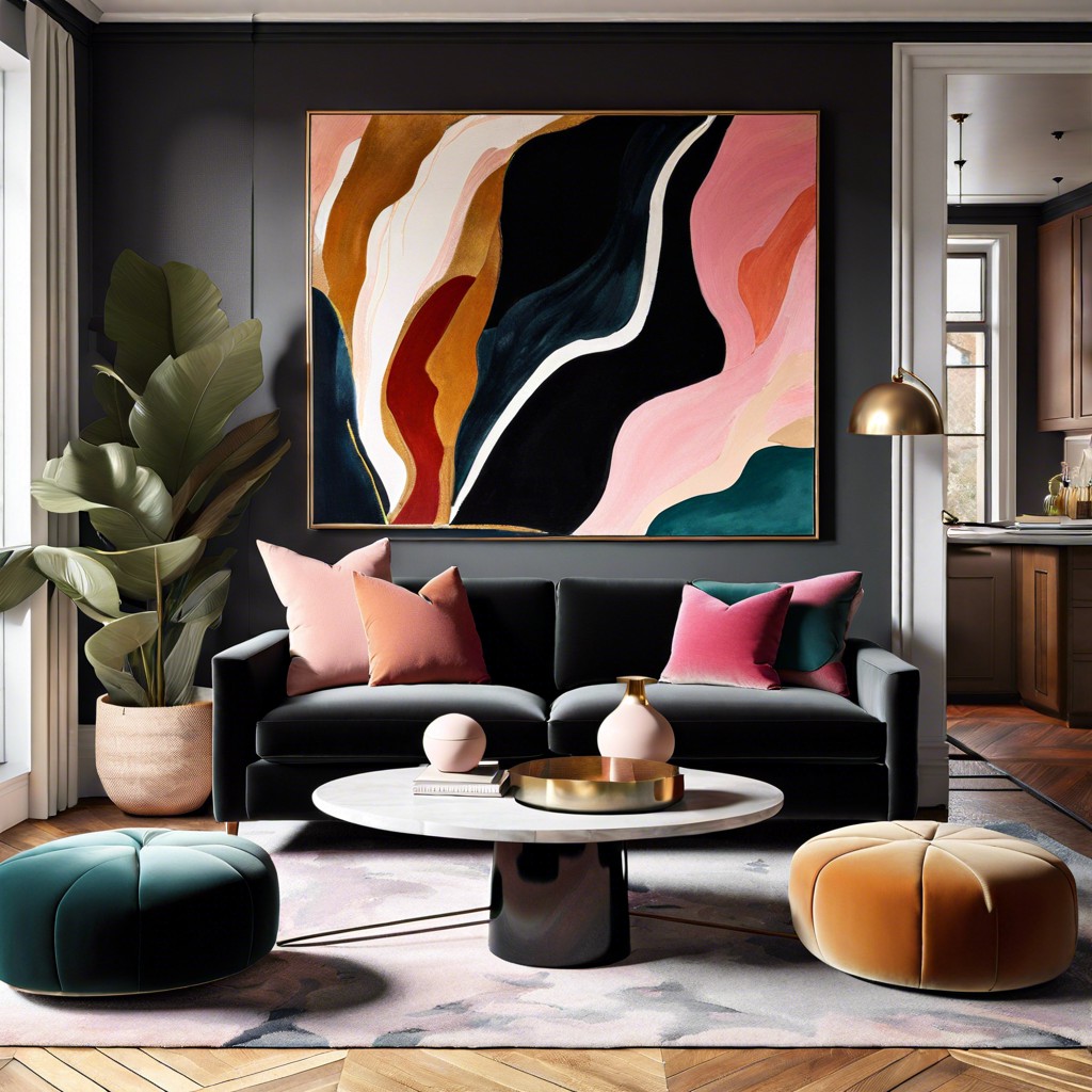art gallery vibe black velvet sofa with a large colorful abstract painting as a focal point