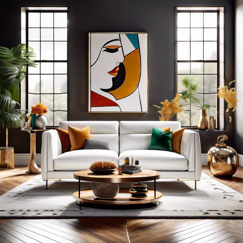 art lovers niche use the sofa as a backdrop for vivid art pieces and bold sculptures