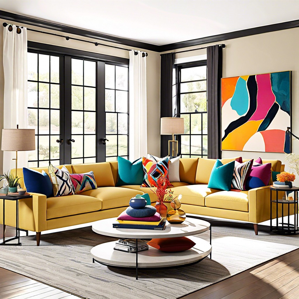 artistic flair contrast a neutral sectional with bold abstract art pieces and colorful accent pillows