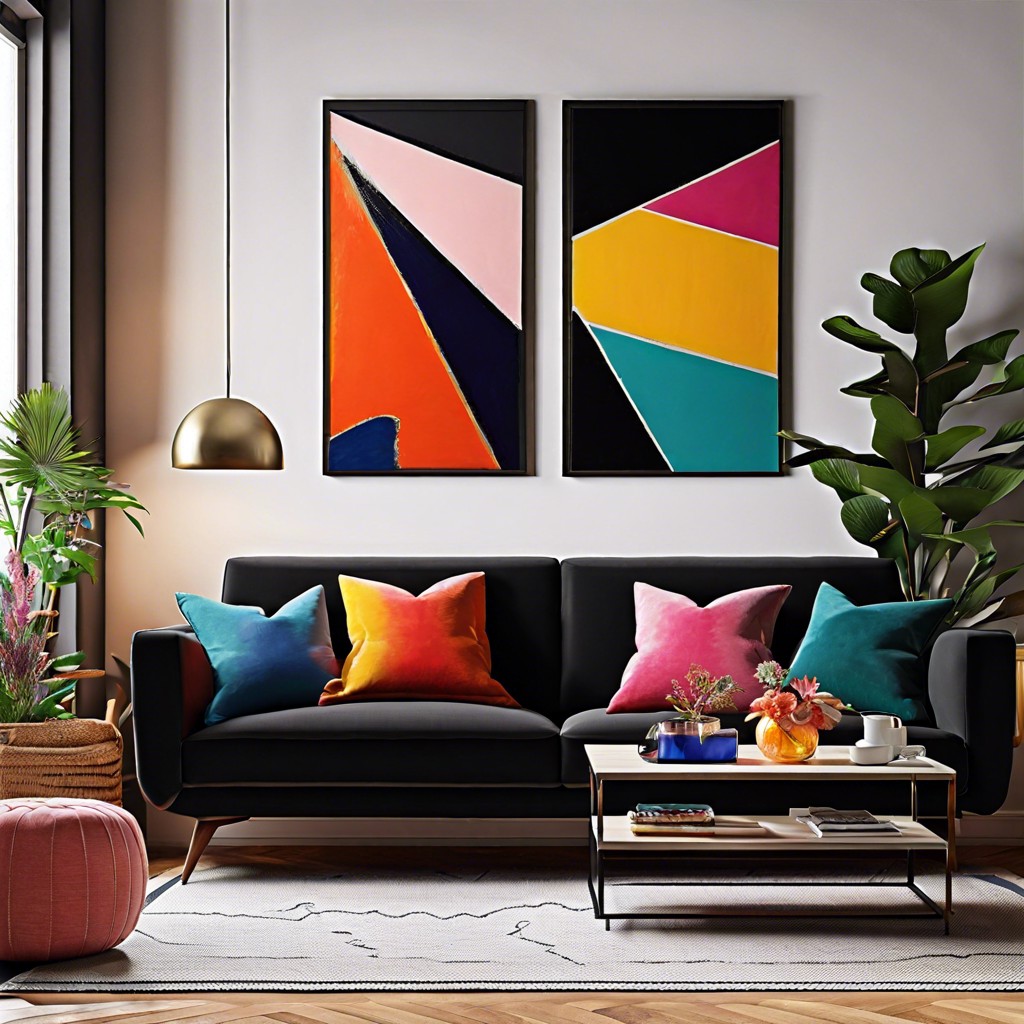 artistic flair hang bold artwork above the black couch for a splash of color