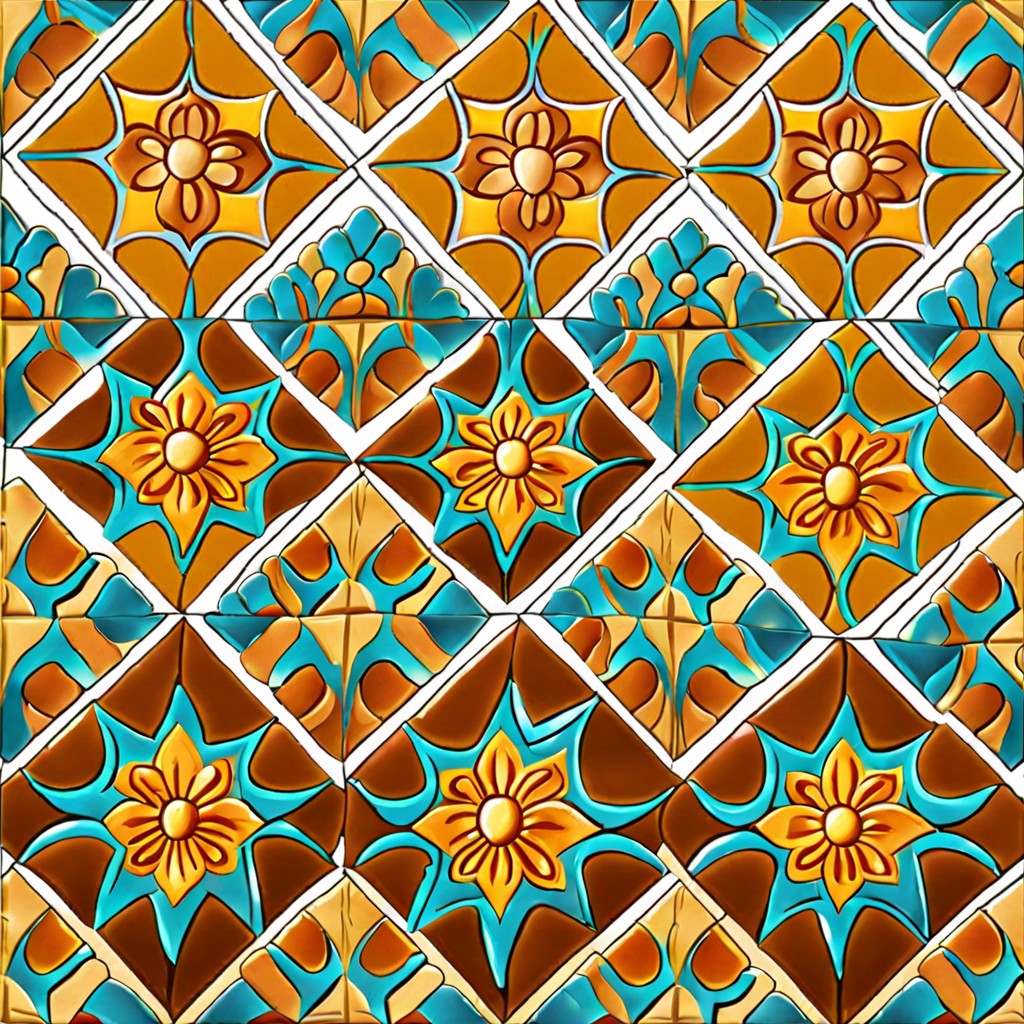 backsplash designed as a mexican style quilt with small square tiles