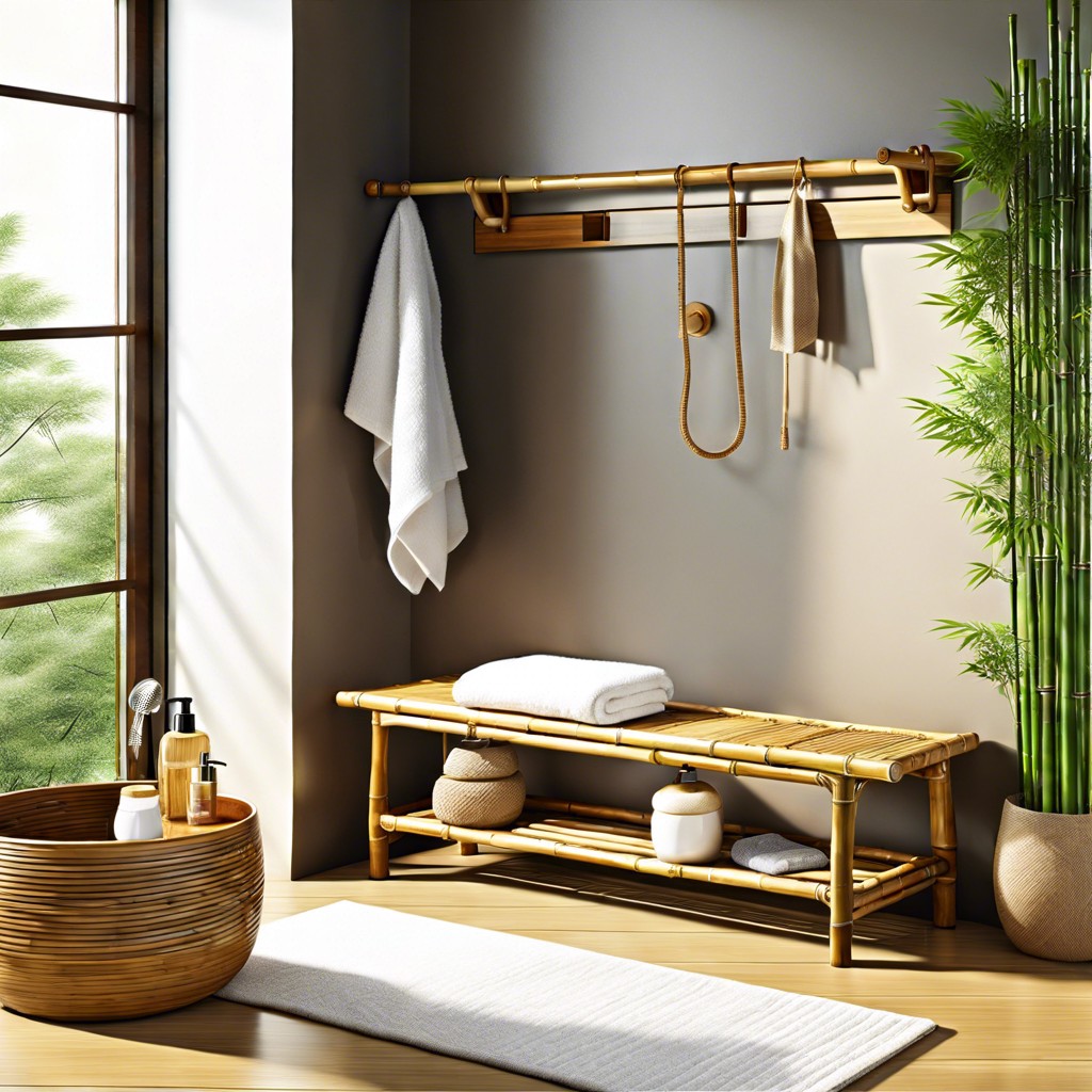 bamboo bench with matching shower accessories